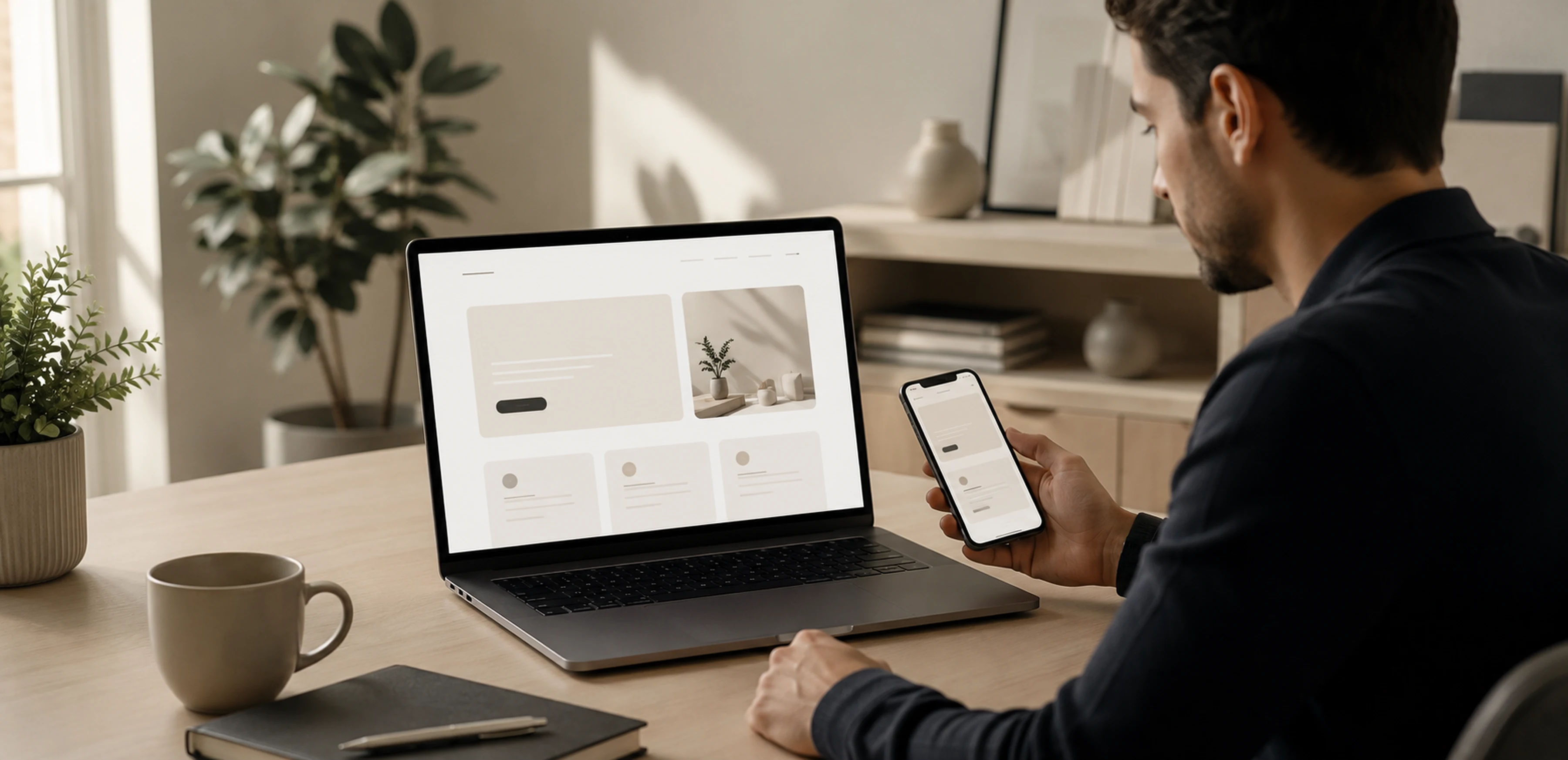 Business owner reviewing an online presence on a laptop in a clean modern workspace